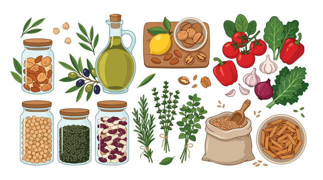 Set of fresh Mediterranean ingredients for healthy cooking illustration.