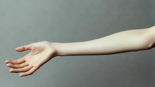 An arm and hand reaching out against a gray background.