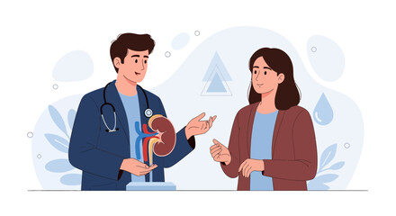 Fototapeta premium Doctor explaining kidney anatomy and function to patient, medical consultation, healthcare illustration
