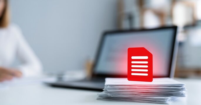 Red document icon over paper stack