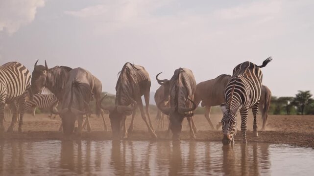 Wildebeest Gnu and Zebra Close Up Drinking Water in Africa, Safari Animals African Wildlife in the wild in natural habitat at a Watering Hole in Dry Season in Dusty Scene.