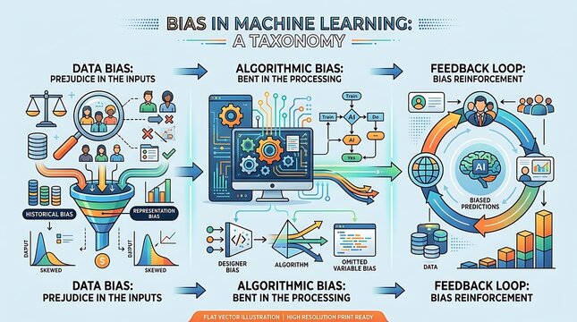 Infographic explaining machine learning bias and data processing flow