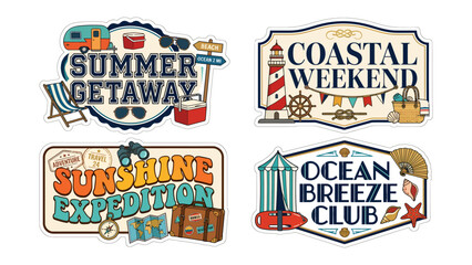 Retro Summer Adventure Badges: A collection of four vintage-style graphic badges featuring summer vacation themes: Summer Getaway with a caravan, Coastal Weekend with a lighthouse. © Saifa
