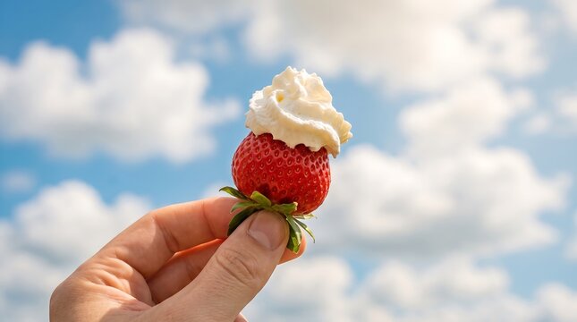 Hand Holding Fresh Strawberry with Whipped Cream against Blue Sky
