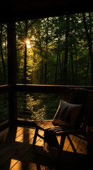 Fototapeta premium Serene Forest Porch Morning Sunbeam Through Trees
