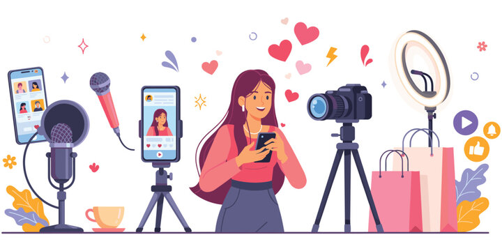 Social media influencer recording with smartphone, microphone, camera, ring light, lifestyle content creation setup, flat vector illustration