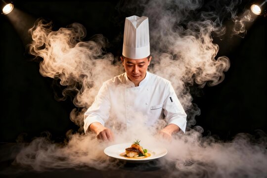 Master chef emerging through dense culinary steam after preparing a gourmet signature dish