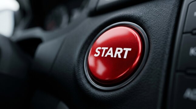 Close up view of a red modern car engine start push button located on the dashboard interior of a vehicle