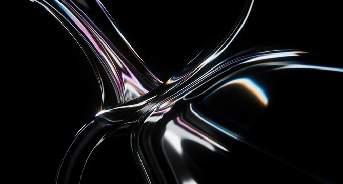 render, 3d iridescent liquid glass ribbon wave line neon rainbow light texture on abstract black background. 3D illustration.Holographic gradient flow speed motion effect. Digital tech banner. copy