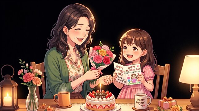 Anime illustration of a mother receiving flowers and a greeting card from her daughter