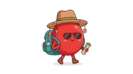 Obraz premium Happy Red Cartoon Character Adventurer with Backpack and Map
