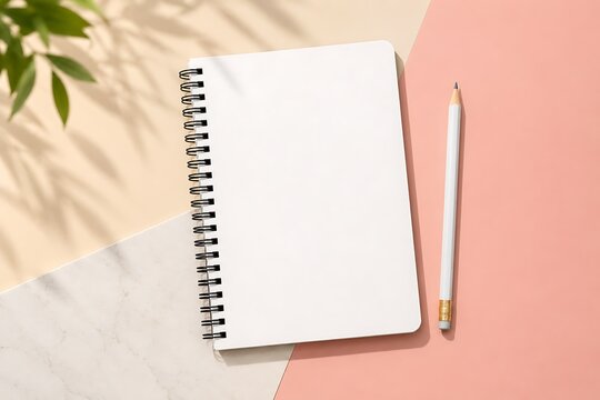 Blank spiral notebook with white pencil rests on a pastel surface with soft leaf shadows during daytime