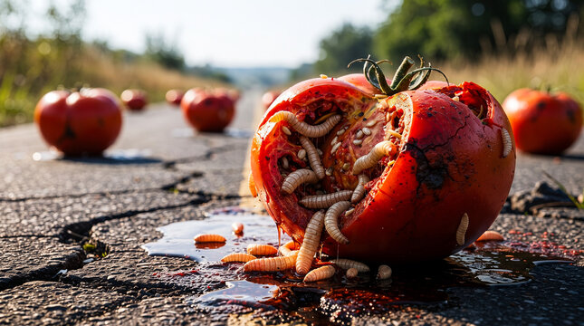 Rotten Spoiled Tomato Infested with Maggots and Worms on Asphalt Road, Conceptual Pest Control and Food Waste Asset