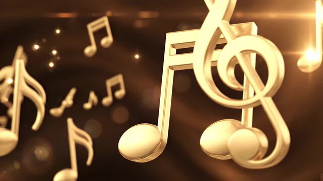 Golden musical notes float in a warm, glowing atmosphere.