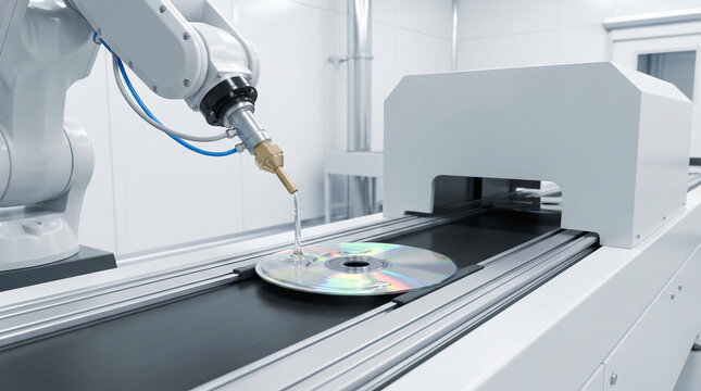 Robotic Arm Dispensing Liquid Onto Disc on Automated Conveyor Belt