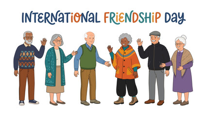 International Friendship Day Celebration: A diverse group of smiling elderly people stands together, celebrating International Friendship Day with waves and happy expressions. © Rokaiya