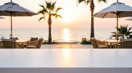 Fototapeta premium Beachside Dining Area at Sunset for Travel Marketing