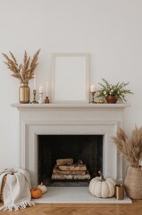 Fototapeta premium Cozy Fireplace Setting With Decorations for Autumn Season