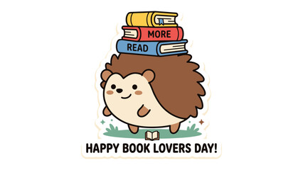 Cute Hedgehog Carrying Books: A charming cartoon hedgehog with a stack of colorful books balanced on its back, celebrating Happy Book Lovers Day! conveying a sense of joy and a love for reading. © azizunnahar