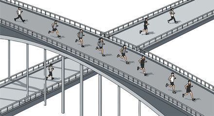 Fototapeta premium Athletes in athletic wear sprint along elevated highway overpasses, showcasing dynamic movement and a monochrome color scheme with subtle shadows.