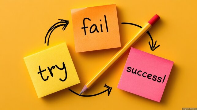 Try fail success concept with sticky notes on orange background