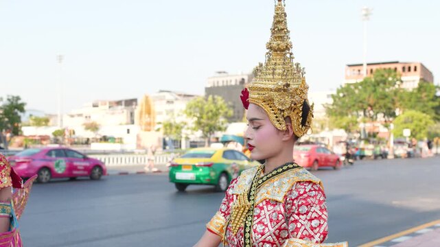 Thai Khon Dancer in Traditional Costume Performs Near Wat Suthat Bangkok