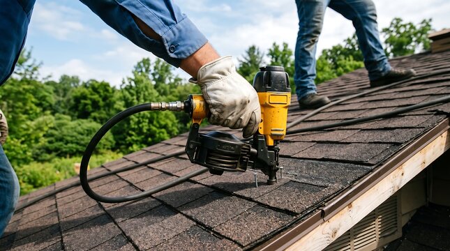 Roofing Construction Worker Installing Shingles