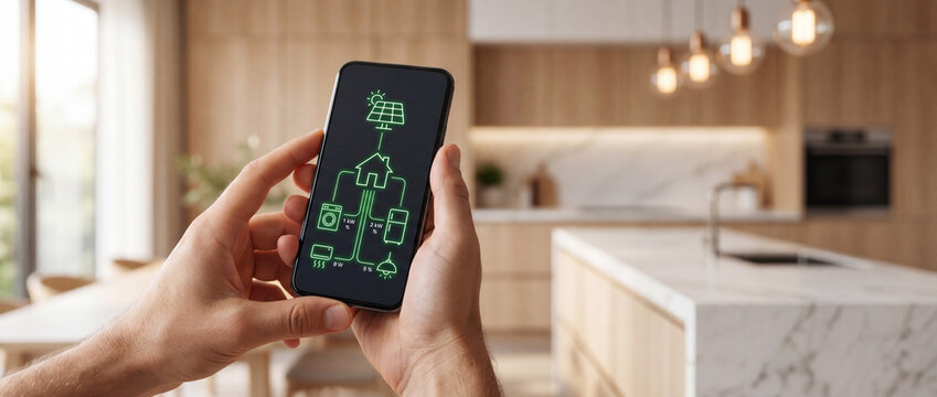 Smart home control interface on a smartphone screen, showing energy management with solar power and appliances, set in a modern kitchen for home automation and efficiency