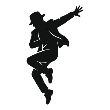 Silhouette of a man in a hat jumping with one arm raised high freely icon