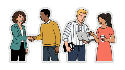 Fototapeta premium Business Collaboration Scene: Diverse professionals engage in discussion and handshake, fostering connections and teamwork in a modern business setting, highlighting partnership and success