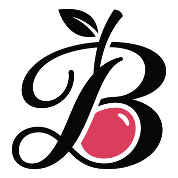Stylized letter B with red apple and leaf illustration icon