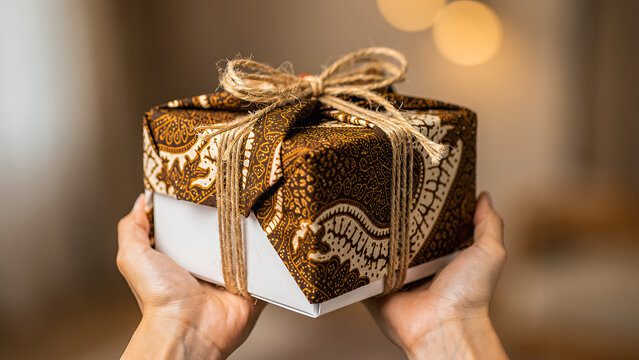 Hands presenting gift box wrapped in batik fabric pattern with rope bow on warm bokeh background, representing Indonesian cultural gift, traditional packaging and artisan craft concept
