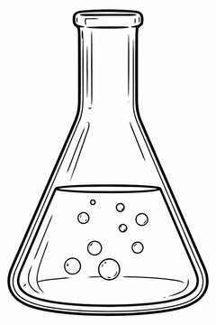 Black and white drawing of a conical flask with bubbles inside chemistry laboratory equipment
