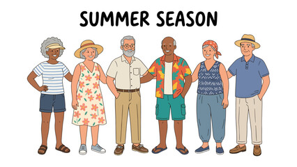 Summer Season Style: A diverse group of older adults, each adorned in distinct summer attire, stands together in a joyful display of seasonal fashion. From floppy hats to vibrant prints. © Rahimatul
