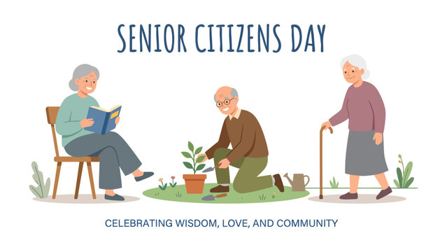 Celebrating Senior Citizens Day: A heartwarming illustration depicts three seniors enjoying their day, one reading a book, another gardening, and the third with a cane, symbolizing wisdom, love.