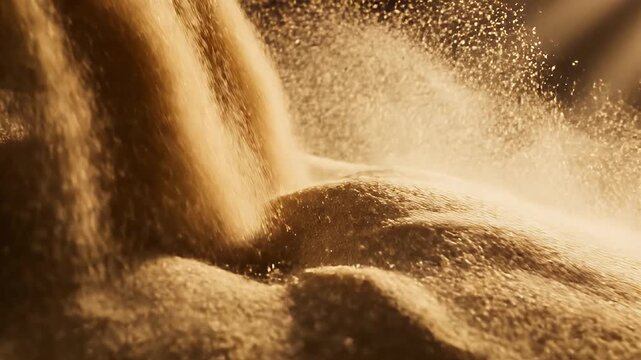Grains cascading down in a stream of light, highlighting their texture and movement.