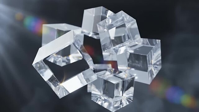 A cluster of transparent glass cubes is illuminated by a bright light source.