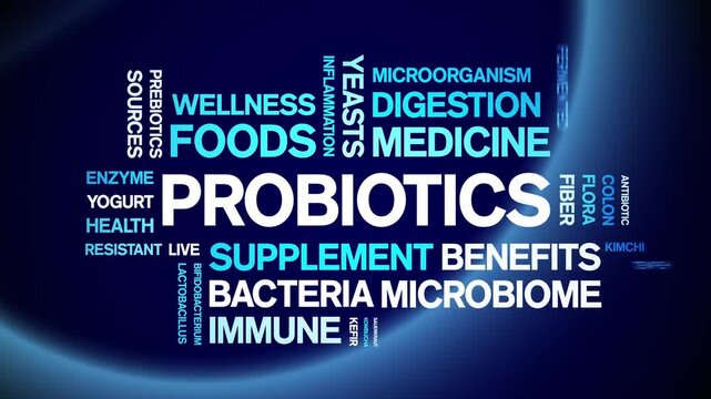 Probiotics animated word cloud-animation tag kinetic typography seamless loop.