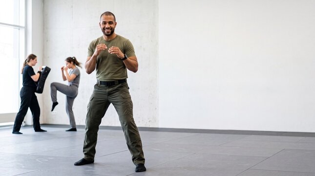 Smiling male martial arts instructor in fighting stance during a self-defense class with students training in the background