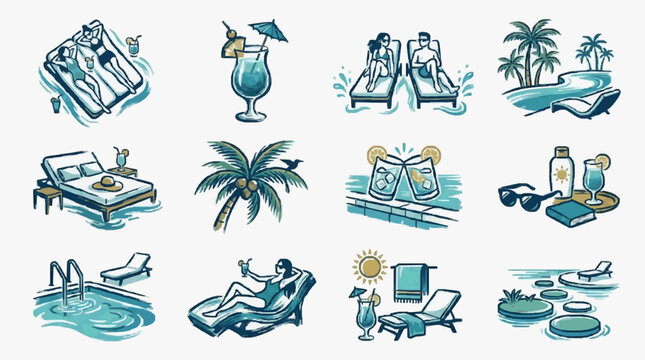 Vector illustration of various tropical and marine themed objects.