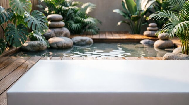 White Podium on Wooden Deck with Tropical Plants and Water Feature for Product Display