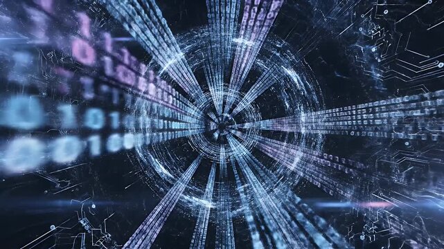 A digital tunnel of binary code streaks through the darkness with streaks of light.