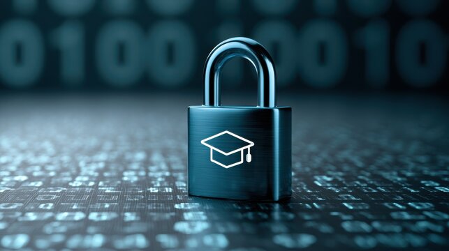 Educational data security concept with graduation cap on digital padlock