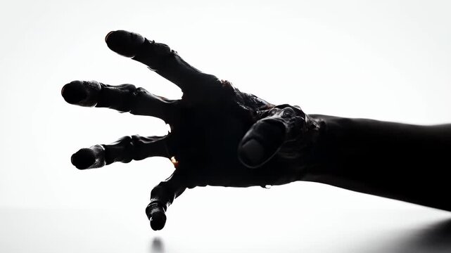 A shadowy, monstrous hand reaches out against a stark white background, creating a sense of dread.
