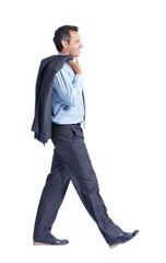 Fototapeta premium Formal, fashion and businessman with style in studio for corporate clothing on a white background. Male person, employee or walking with shirt or confidence for business attire or outfit on space