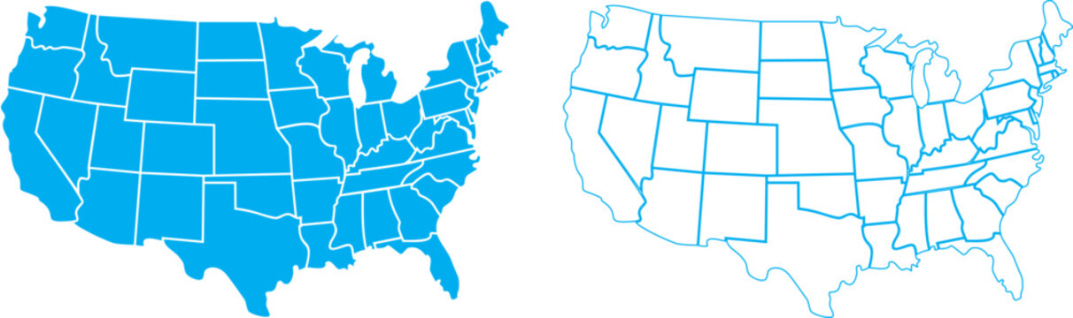 Light blue United States map vector icons with solid fill and line outline borders set