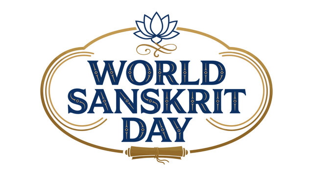World Sanskrit Day Logo: An elegant logo celebrating World Sanskrit Day, featuring the text WORLD SANSKRIT DAY in a rich blue font, adorned with a lotus flower symbol and a rolled scroll.
