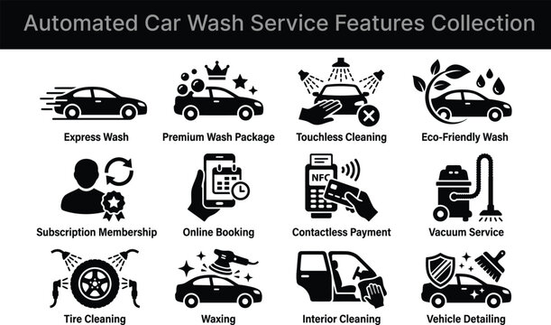 Automated Car Wash Service Features Collection Flat Icons On White Background