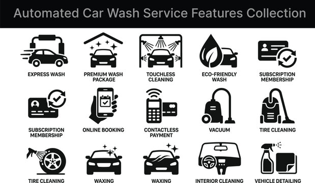 Automated Car Wash Service Icons Collection Featuring Wash Types And Detailing Options