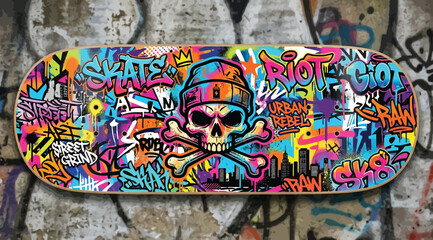 Skateboard deck design with colorful graffiti art featuring a skull and crossbones © S.Siam